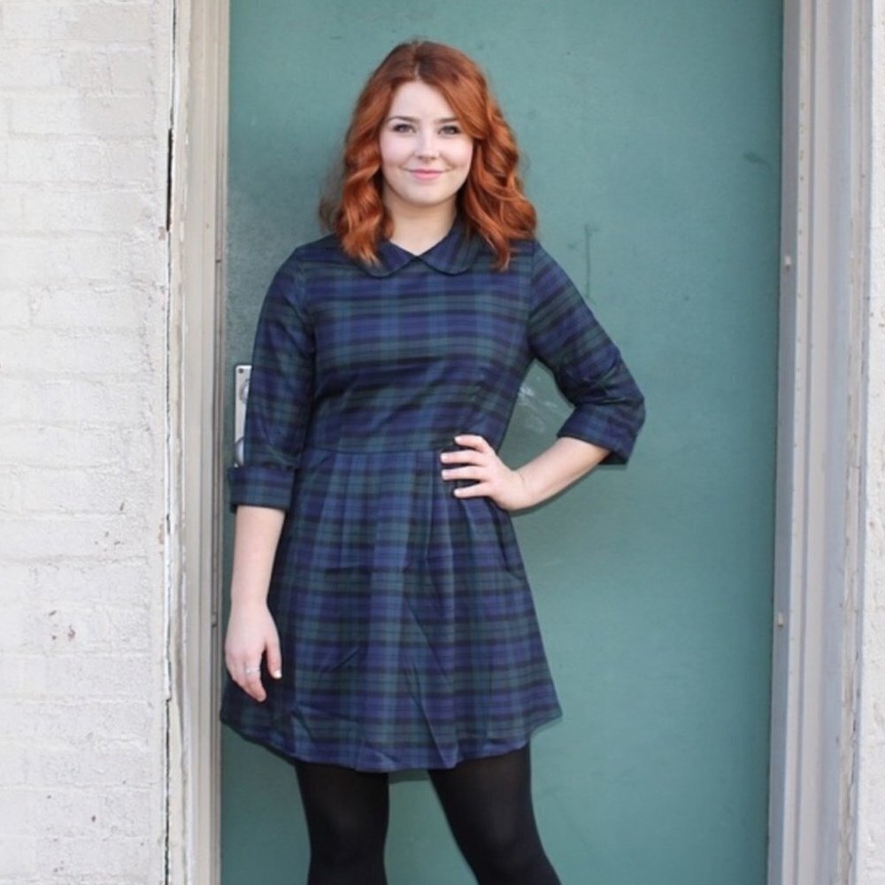 ** KLING Black Watch Plaid Academia Collared 3/4 Sleeve Mini Dress Size 1/ XS